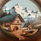 Ancient mountain landscape frame painted and carved by hand
