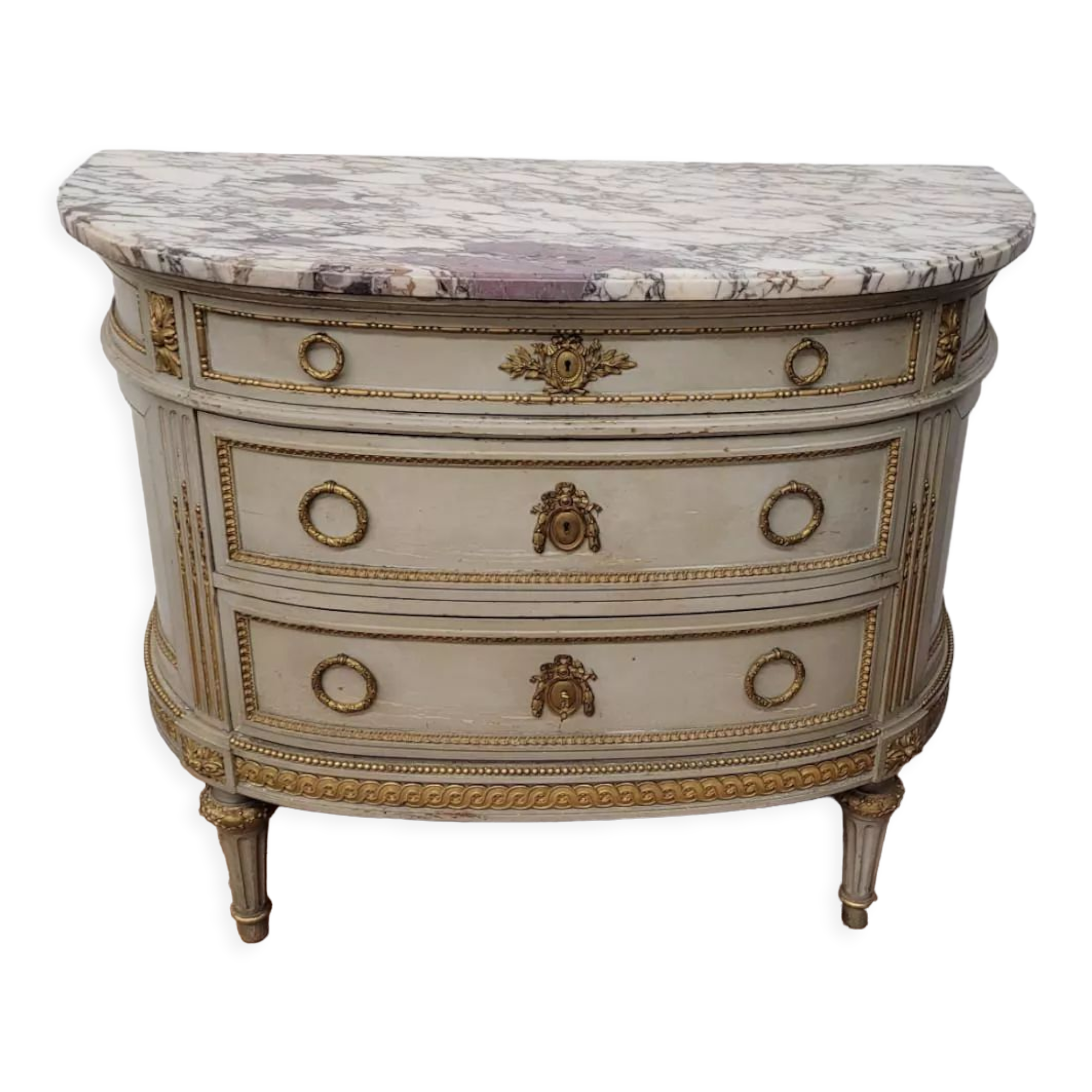 Lacquered half-moon chest of drawers with marble top