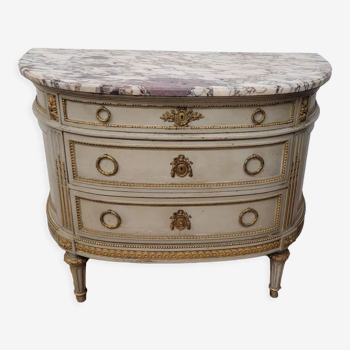 Lacquered half-moon chest of drawers with marble top
