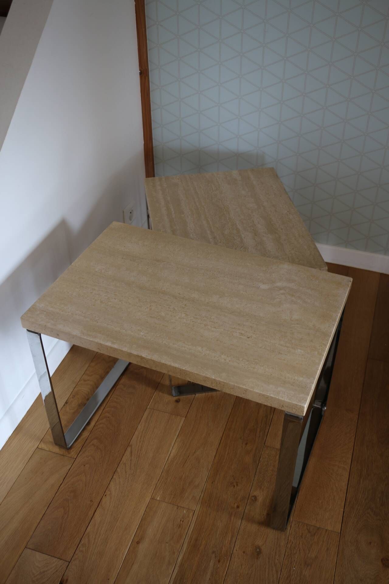 2 nesting tables chrome steel travertine