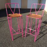 Pair of stools high bar stools metal and pink leather