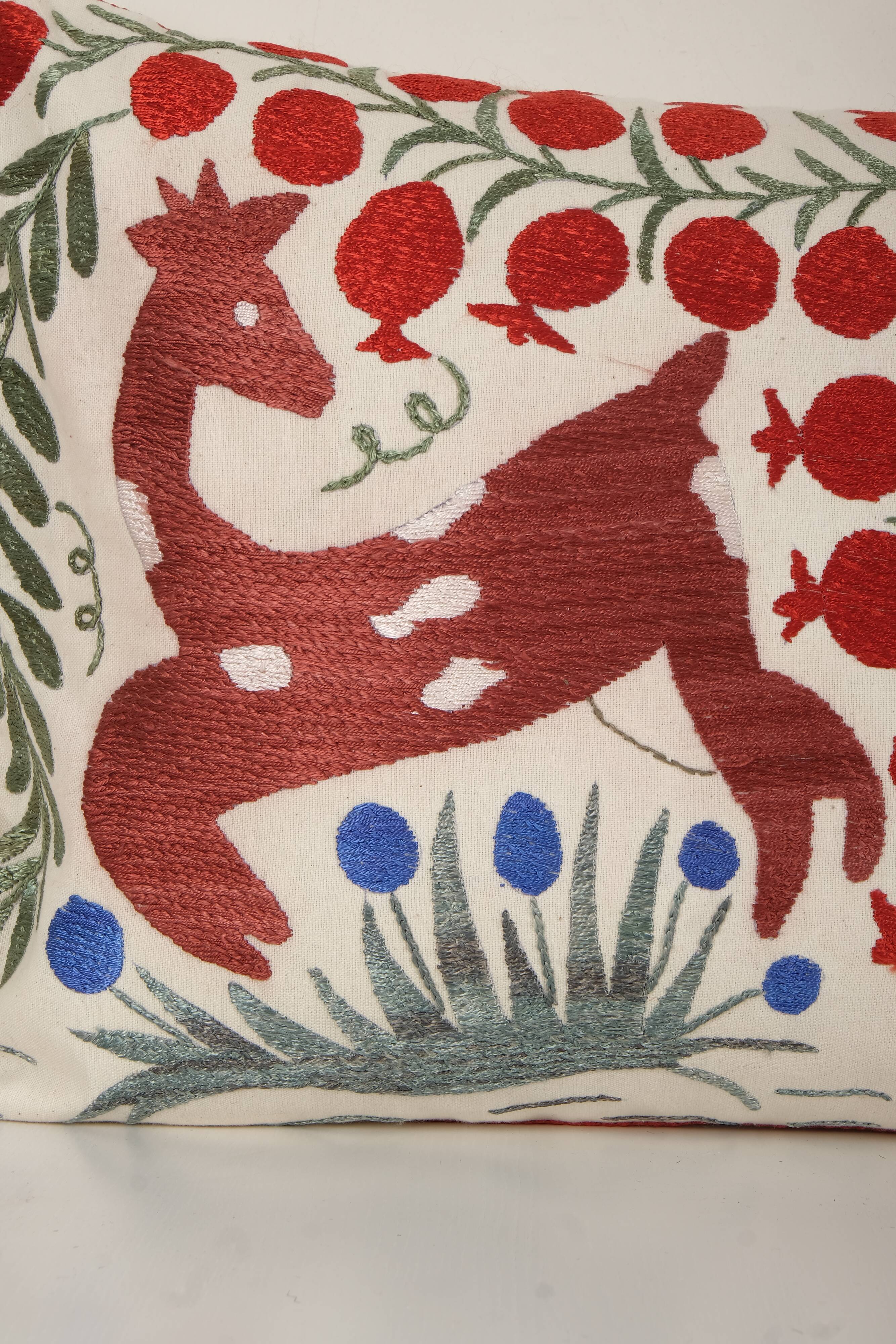 Suzani Animal Bedding Pillow Cover, Ethnic Uzbek Deer and Floral Motifs Cushion Cover, Handmade
