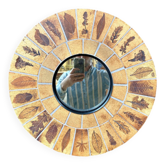 Roger Capron - Round Mirror With Herbariums, Decorated With Leaves, In Earthenware 1960