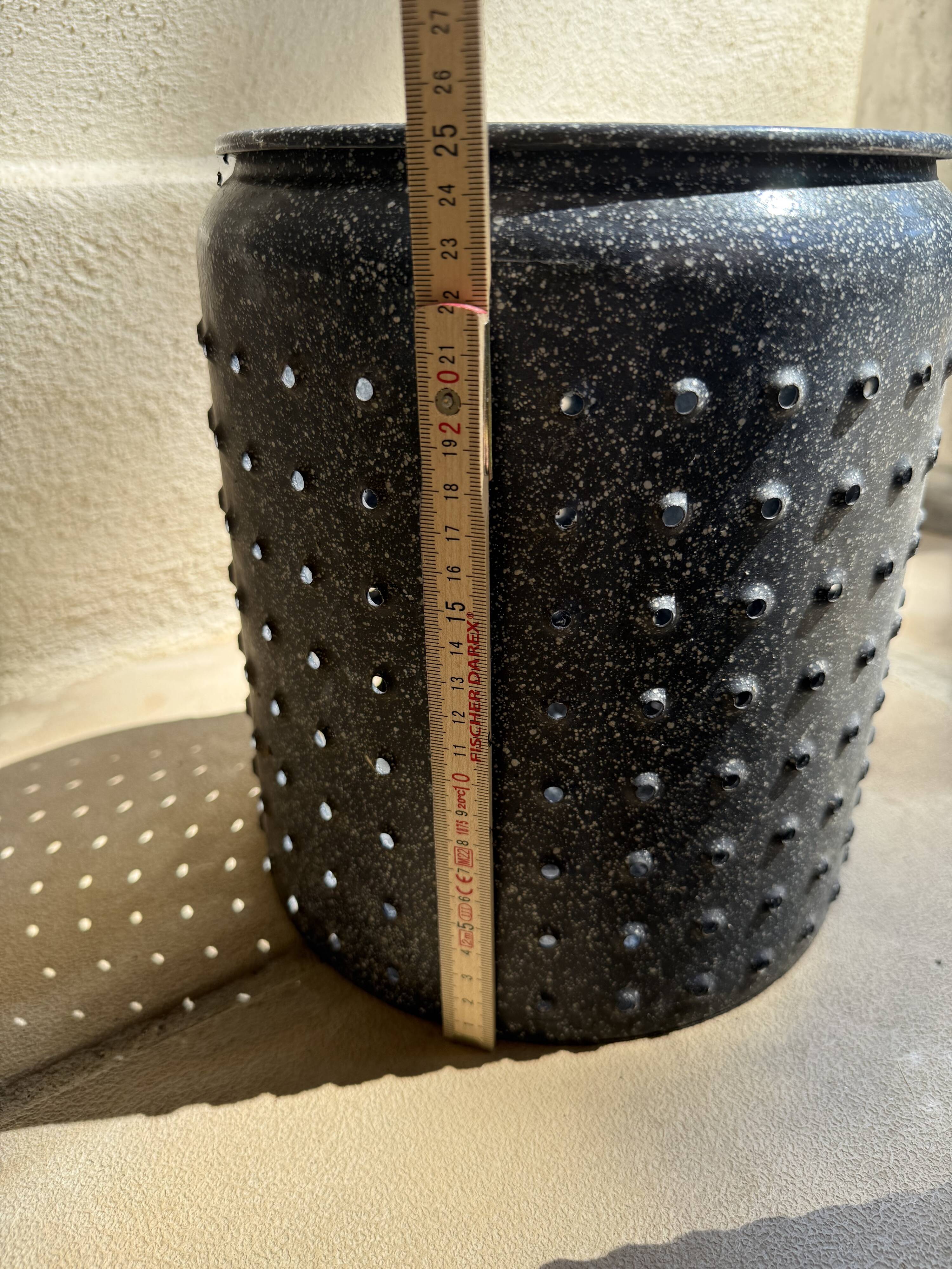 Vintage perforated enamelled sheet metal planter, 50s design