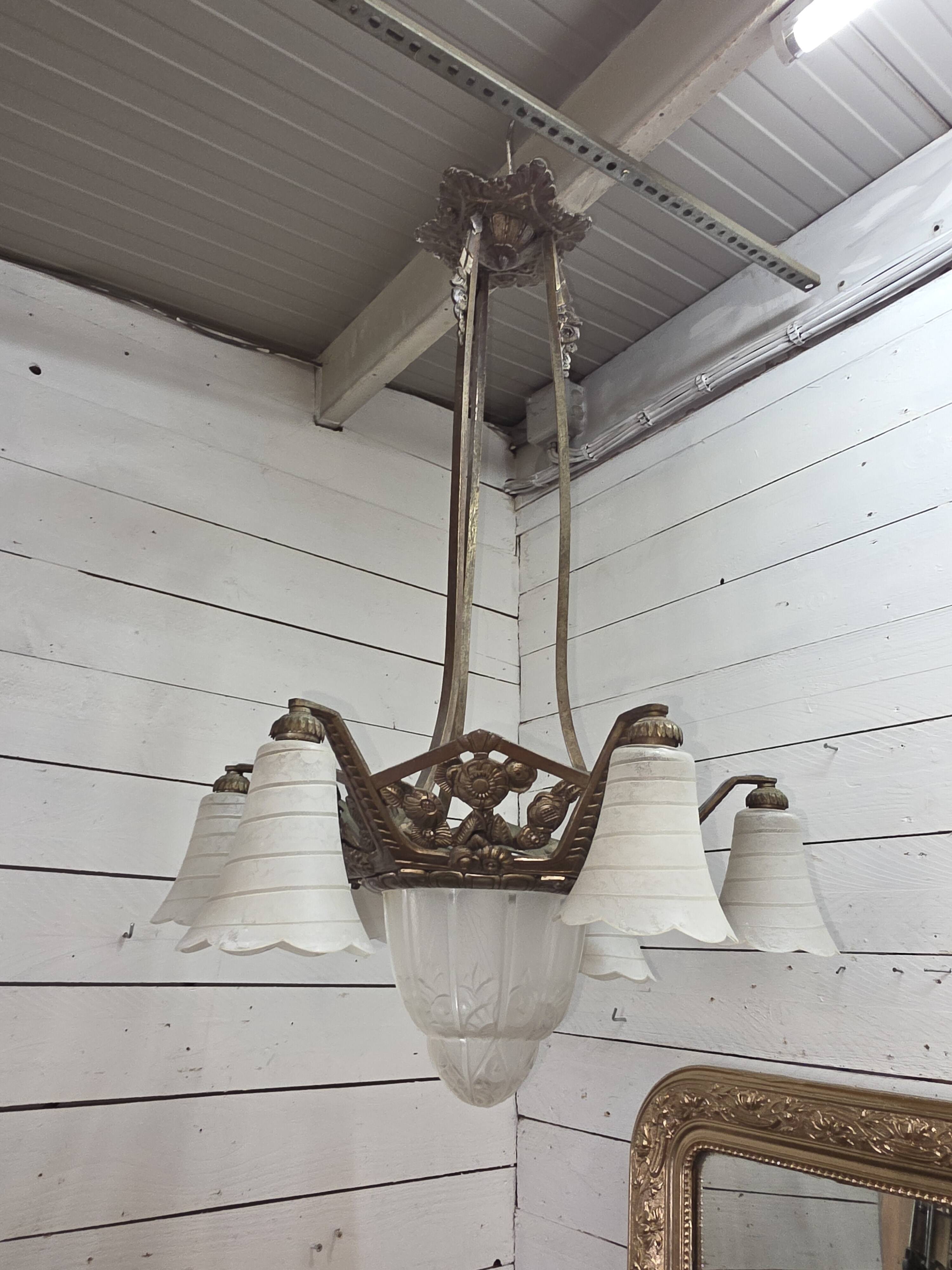 1930s Art Deco bronze chandelier