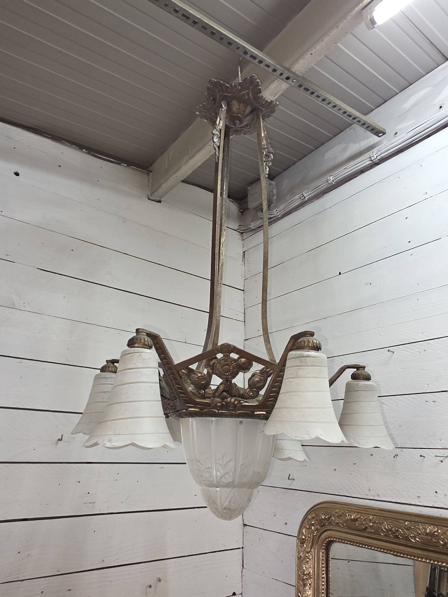 1930s Art Deco bronze chandelier