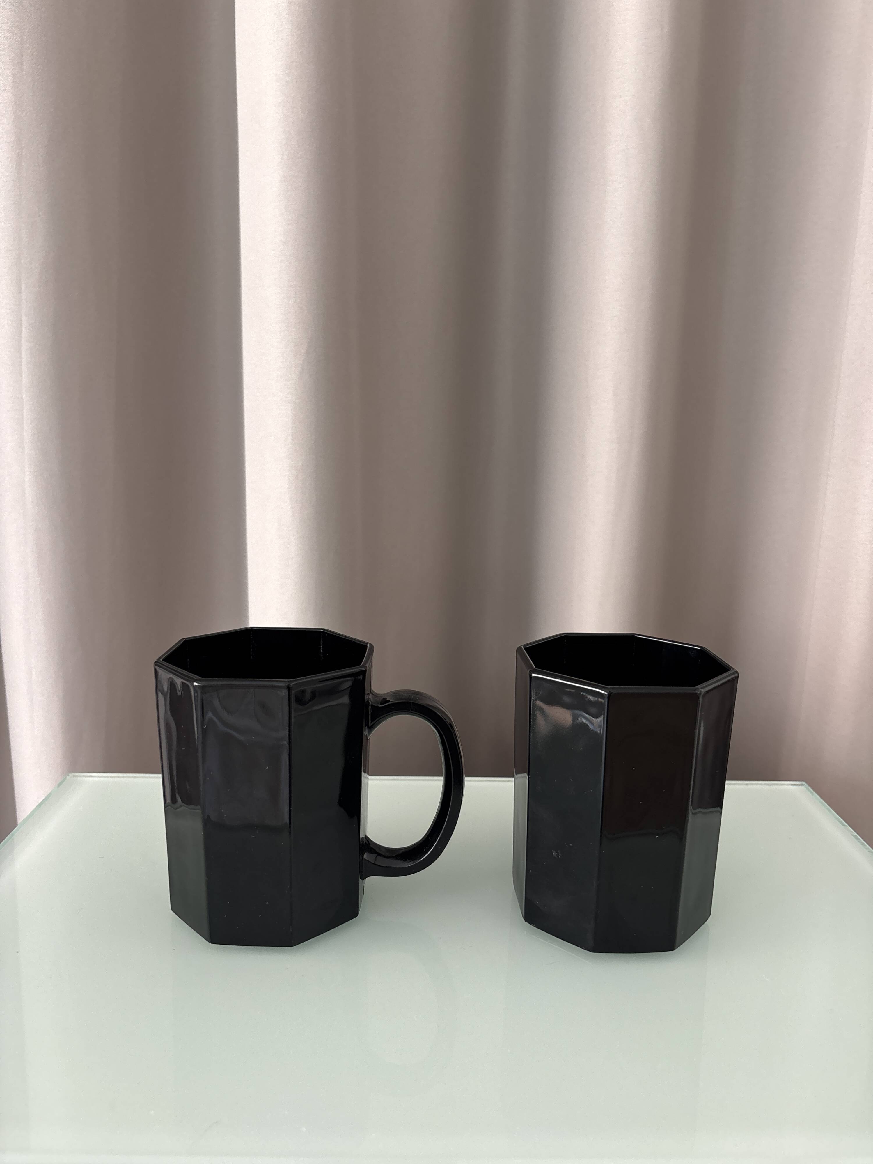 Vintage French Octagonal Black Glass Mugs | Set of 2 | Arc France | 1980s
