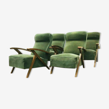 Quatre fauteuils relax des années 70 tapissé en velours vert XXe siècle