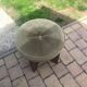Circular teak ottoman with green fabric seat - Mid-Century 1960s style