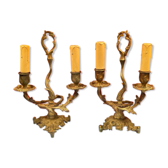 Pair candle holder candelabra 2 arms of light st rocaille Louis XV bronze