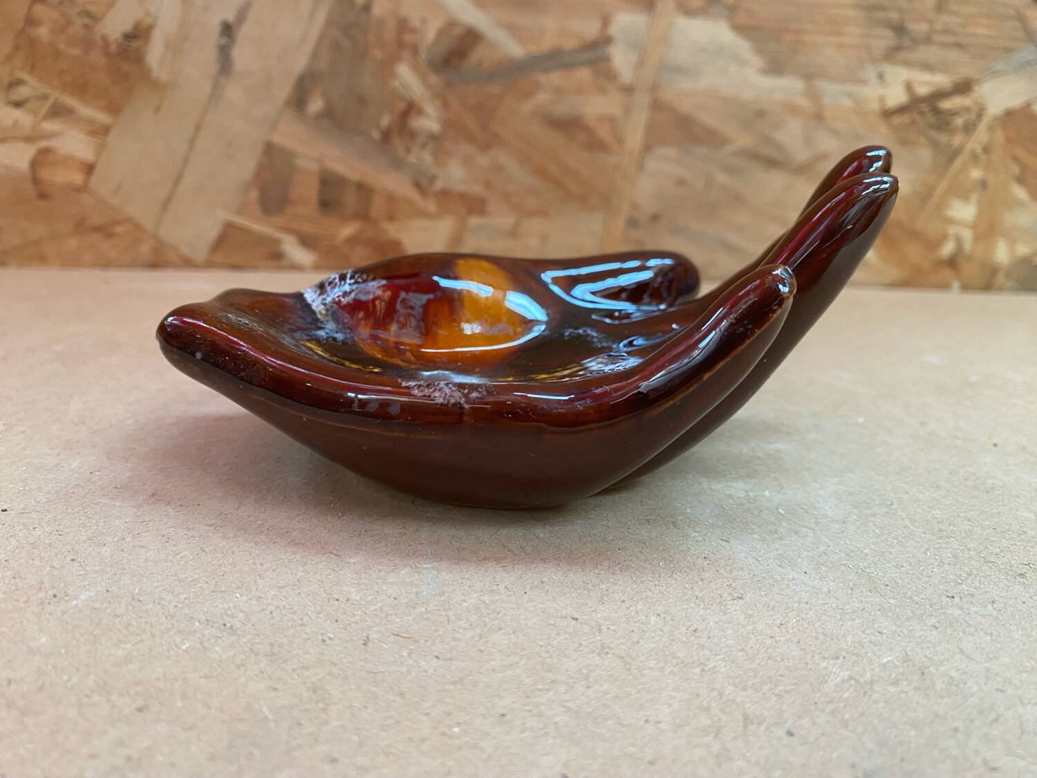 Old vallauris hand shaped brown ceramic pocket tray vintage decoration