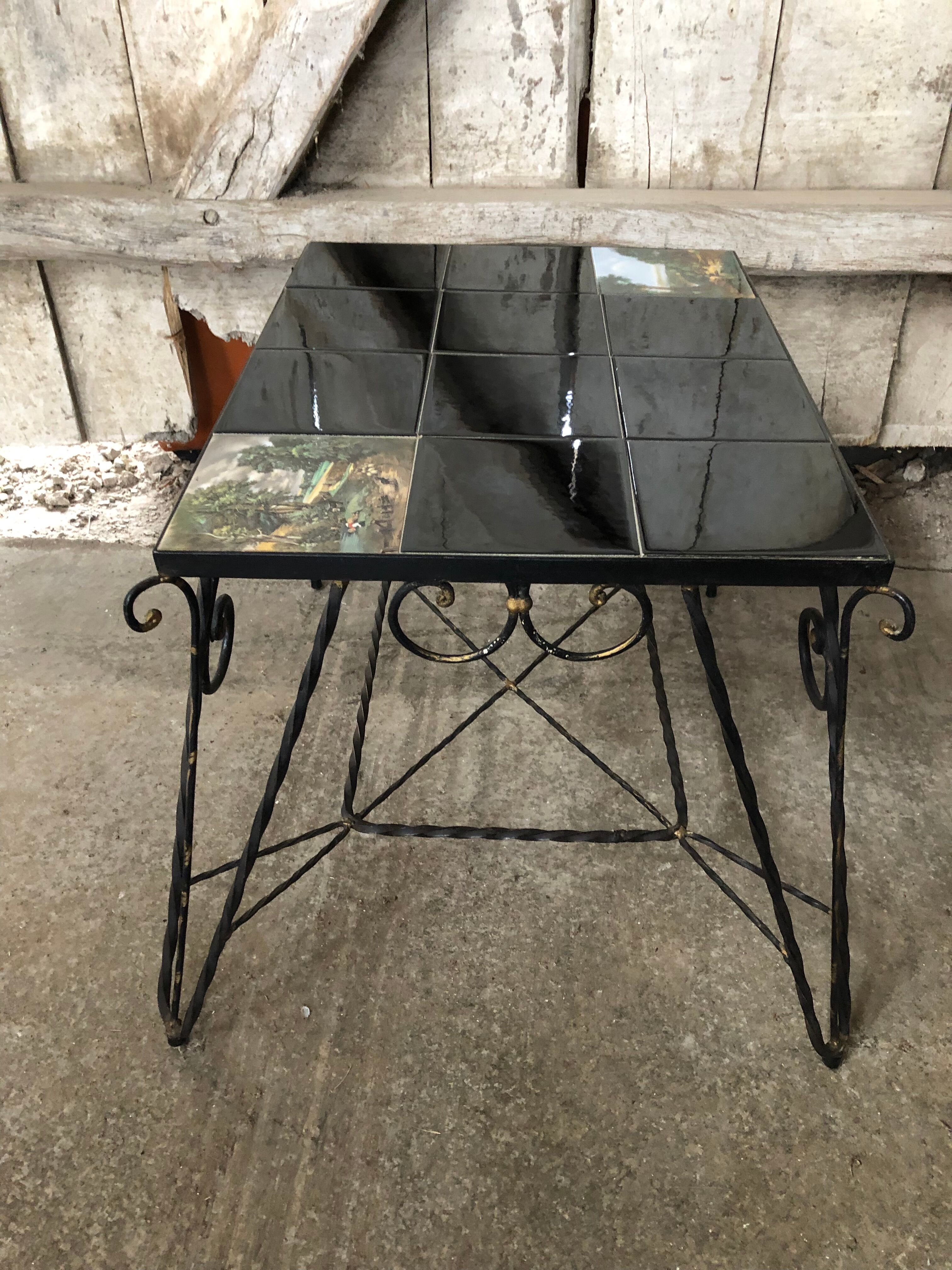 Old Coffee Table Wrought Iron Black & Gold + Tray Ceramic Tiles Vintage