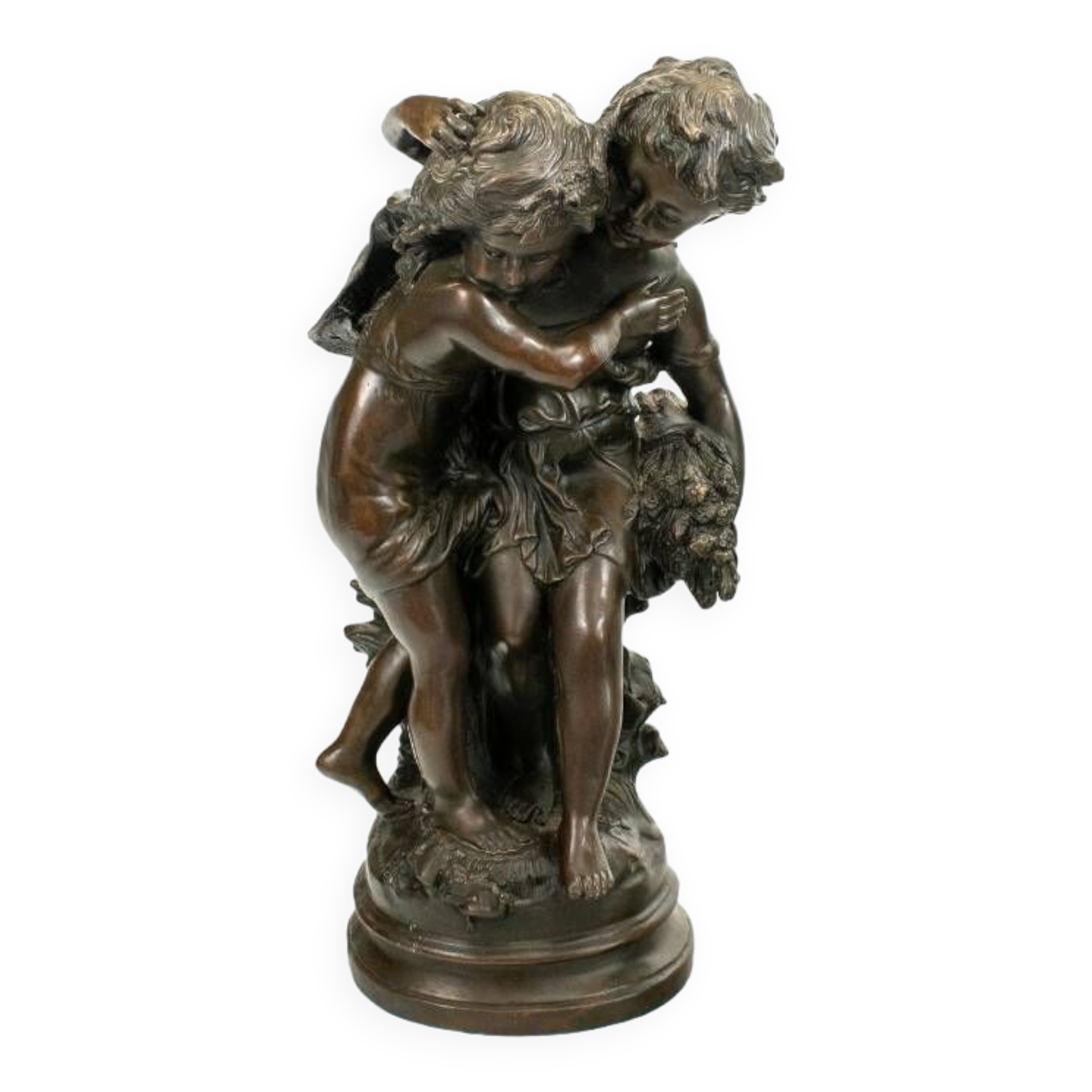 Bronze statue of two children carrying a bouquet of flowers, signed Auguste Moreau (1834-1917)