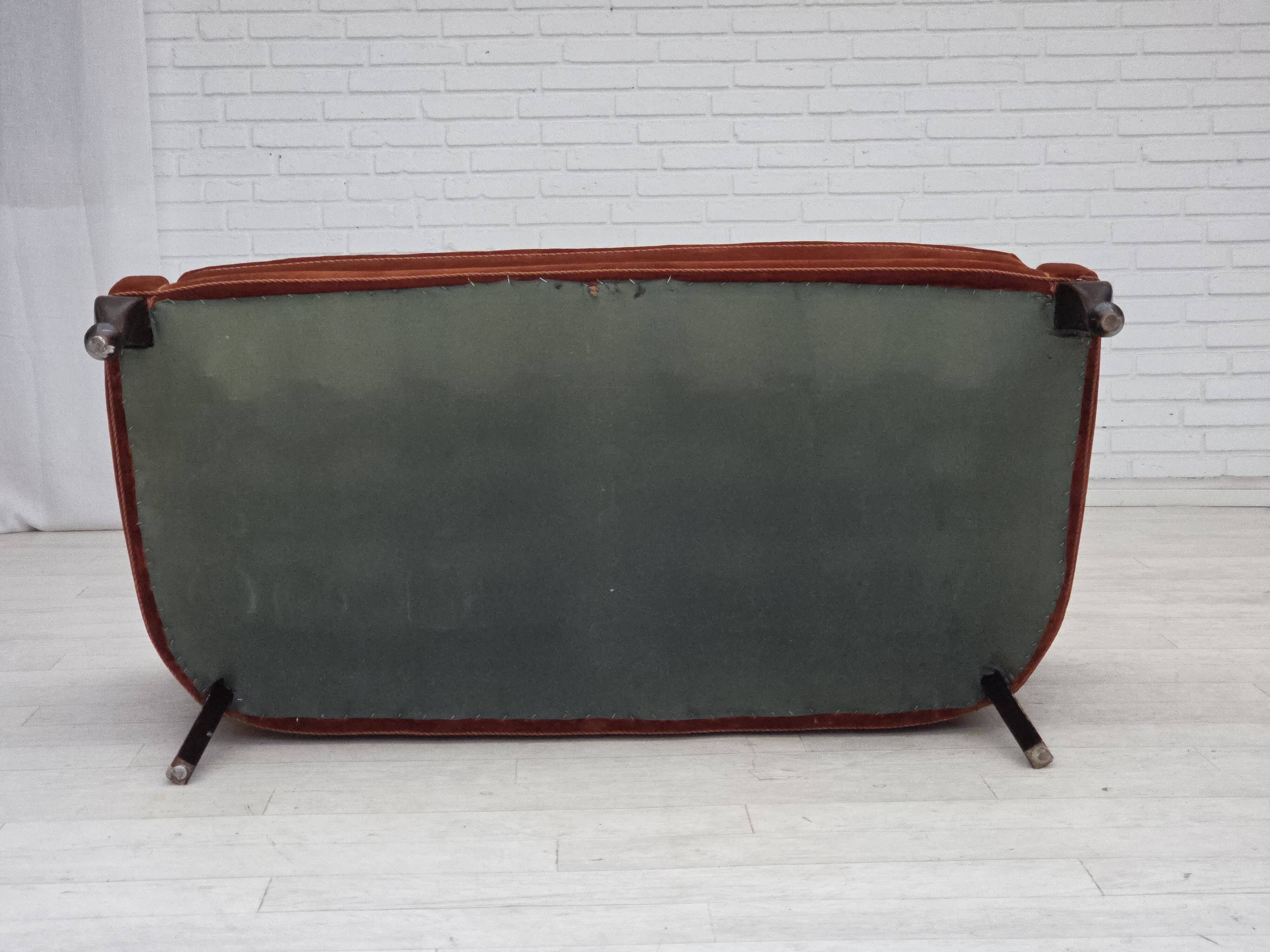 1950s, Danish 2-seater sofa, furniture velour, oak wood legs.