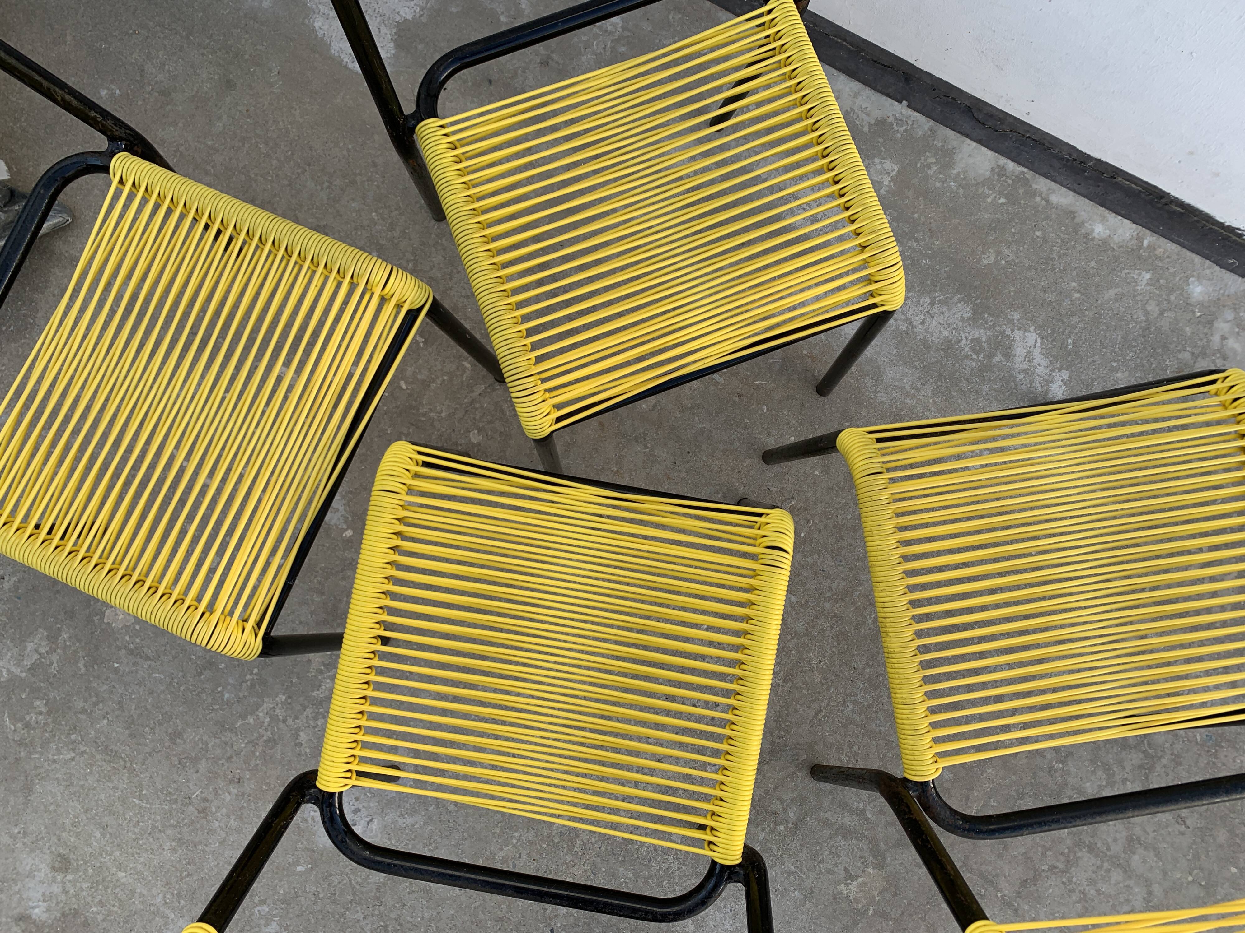 4 yellow scoubidou chairs, 1950
