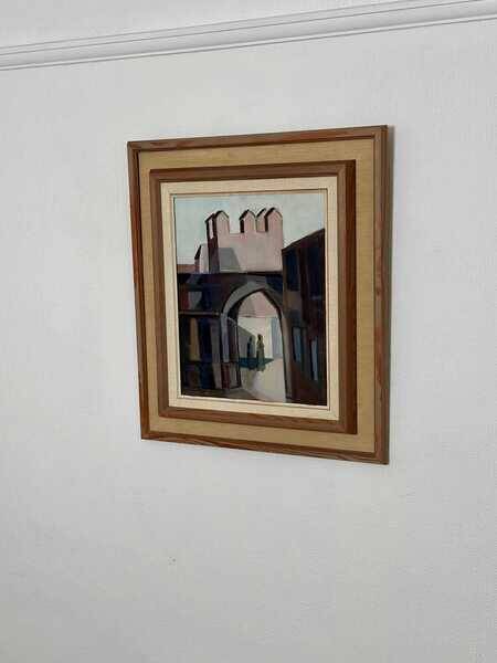 Original mid-century Swedish oil on canvas – “Entrance” by Reuben Hedin – vintage & framed – 55 × 63 cm