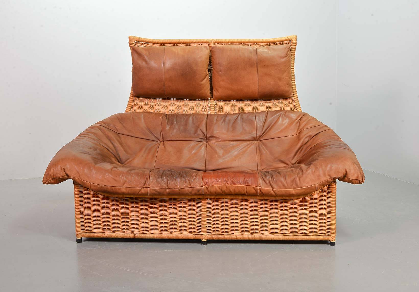 Gerard van de Berg Cognac Patchwork Leather 2-Seat Rockstyle Cane Sofa 70s