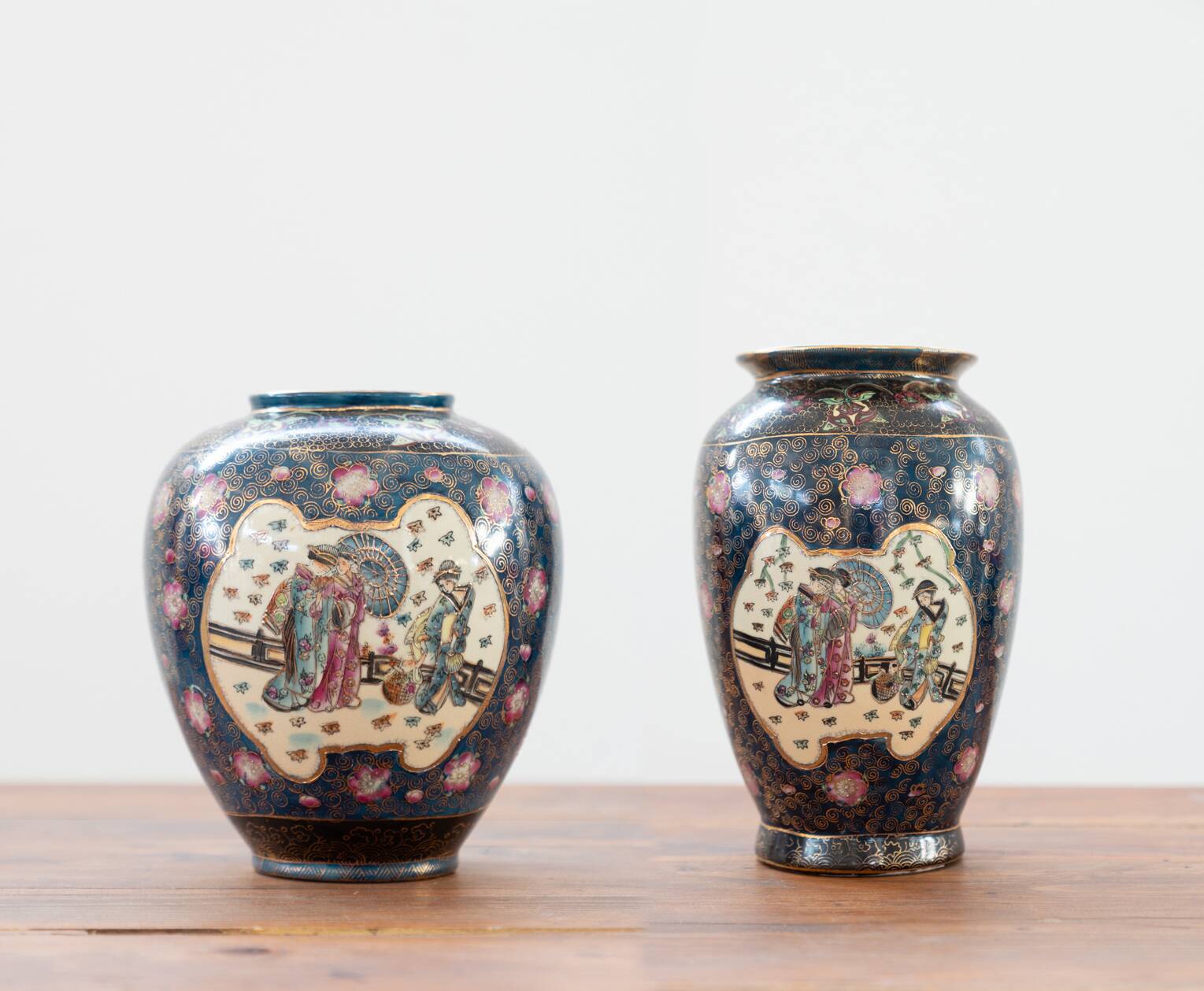 Antique Japanese porcelain vases, Meiji period, 19th century, oriental porcelain art, in
