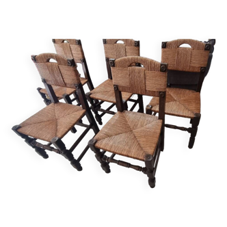 5 straw and wood chairs, brutalist 60s