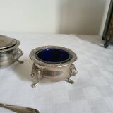 Ancien Saleron et Moutardier en Métal Argenté et Verre Bleu