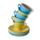 Lot de 4 tasses à café vert et bleu pastel 1950