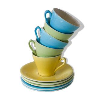 Lot de 4 tasses à café vert et bleu pastel 1950