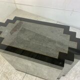 Table à manger postmoderne en pierre et marbre avec socle en laiton et plateau en verre, années 1980