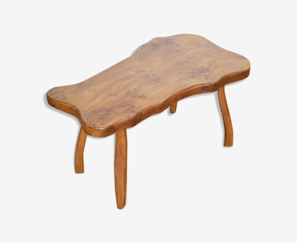 Table basse brutaliste forme libre en orme massif 1970