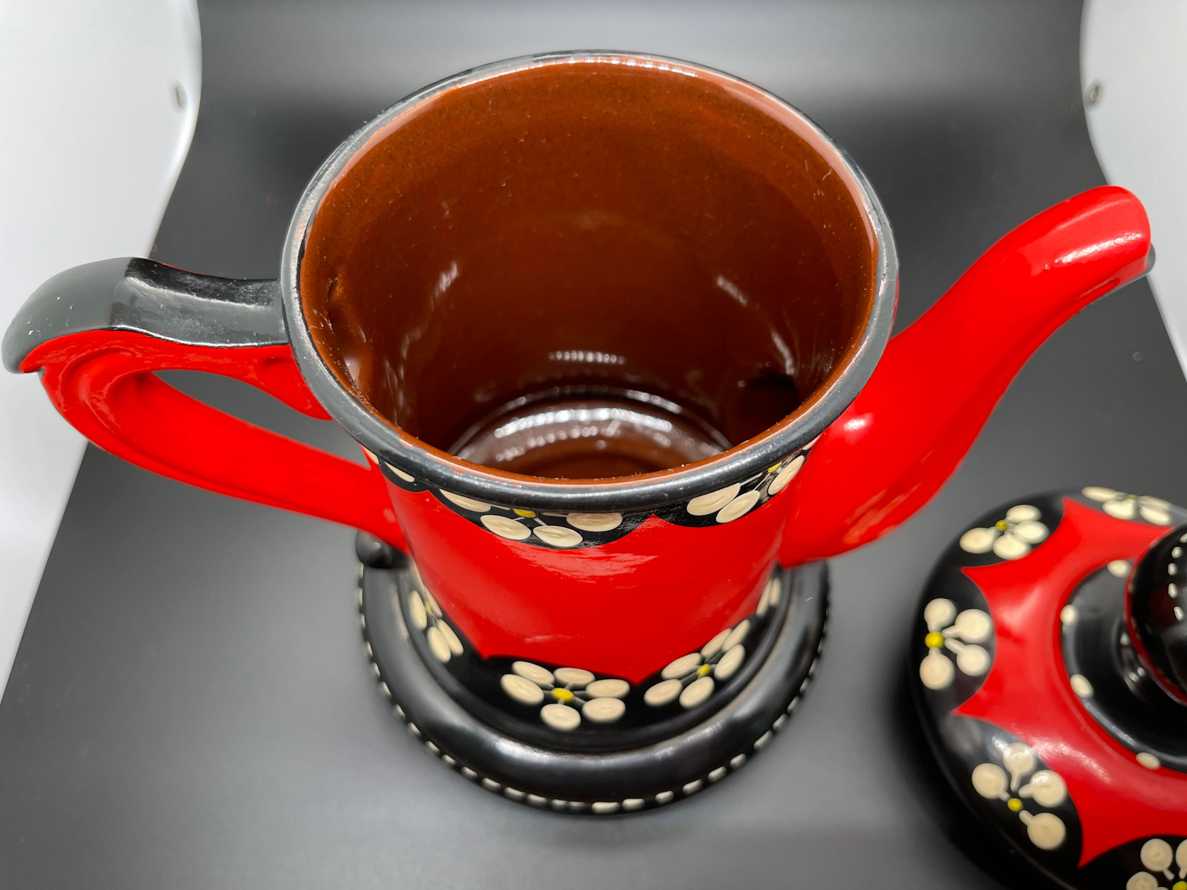Vintage terracotta teapot glazed and hand painted