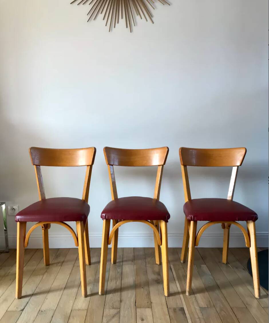 Set of 6 Luterma bistro chairs in blond wood and skaï 50s