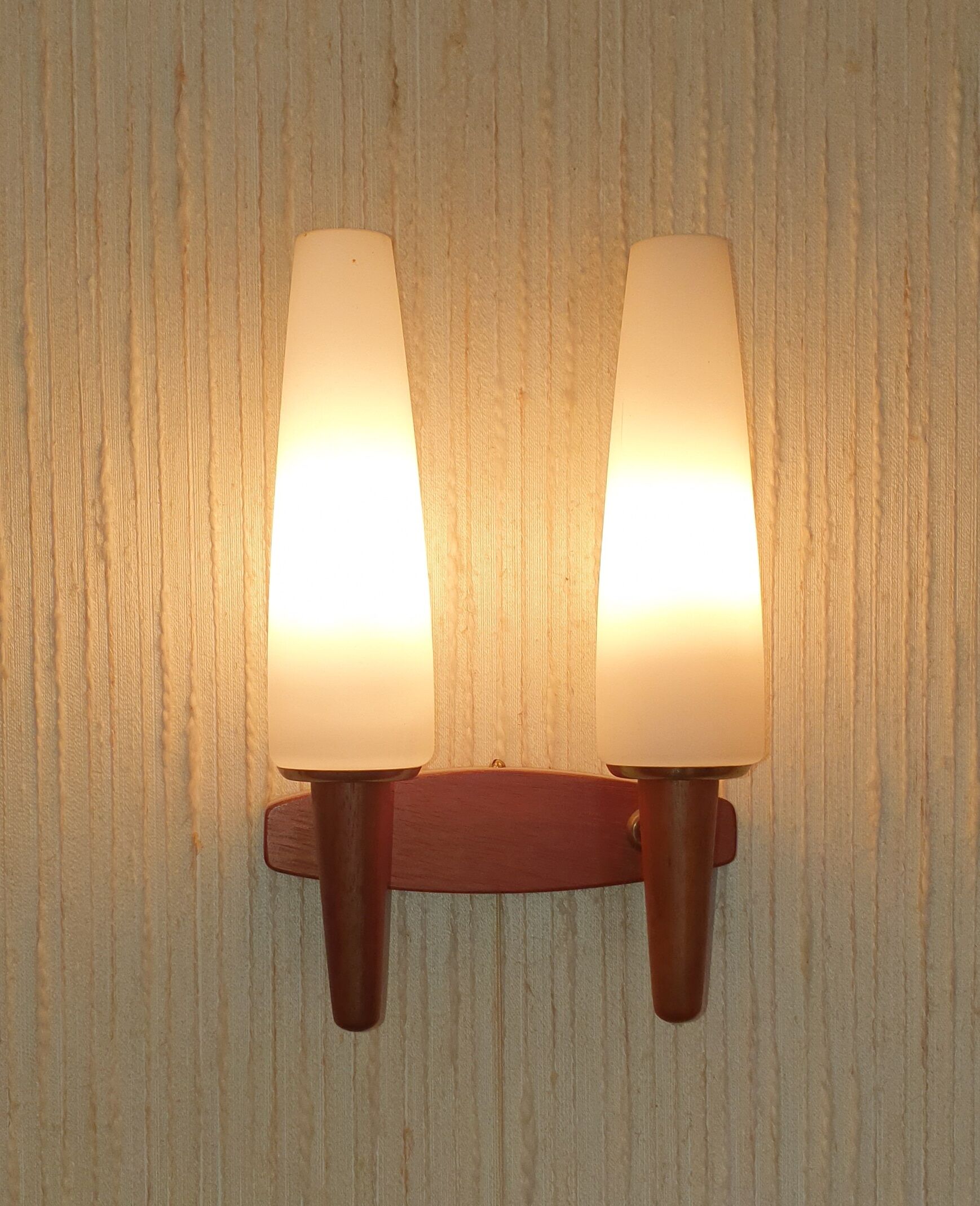 Pair of Scandinavian teak wall lamps with 2 burners 1960