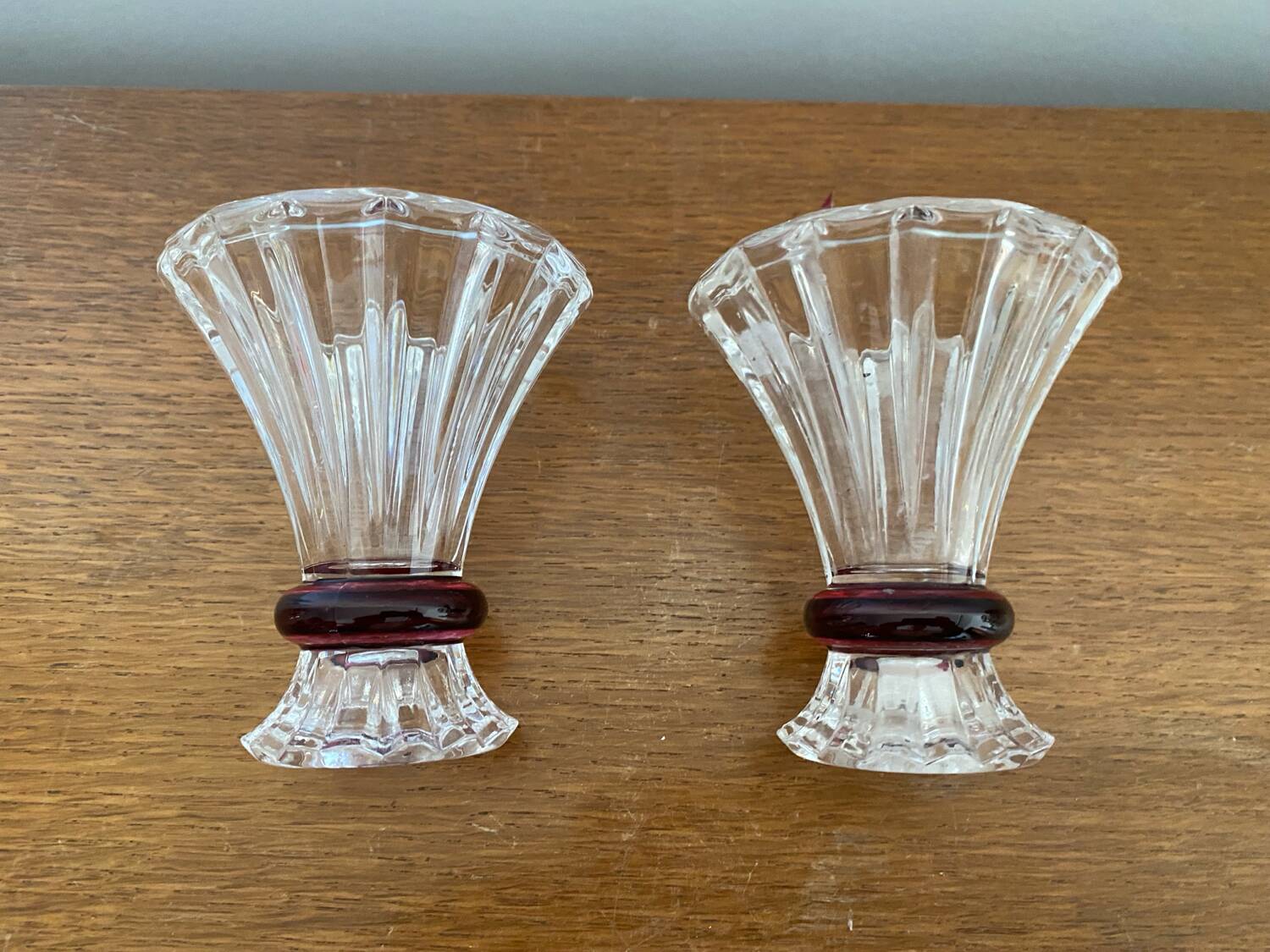 Pair Antique Clear + Red Carved Vase Vintage Decoration