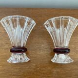 Paire Ancien Vase Taillé Transparent + Rouge Décoration Vintage