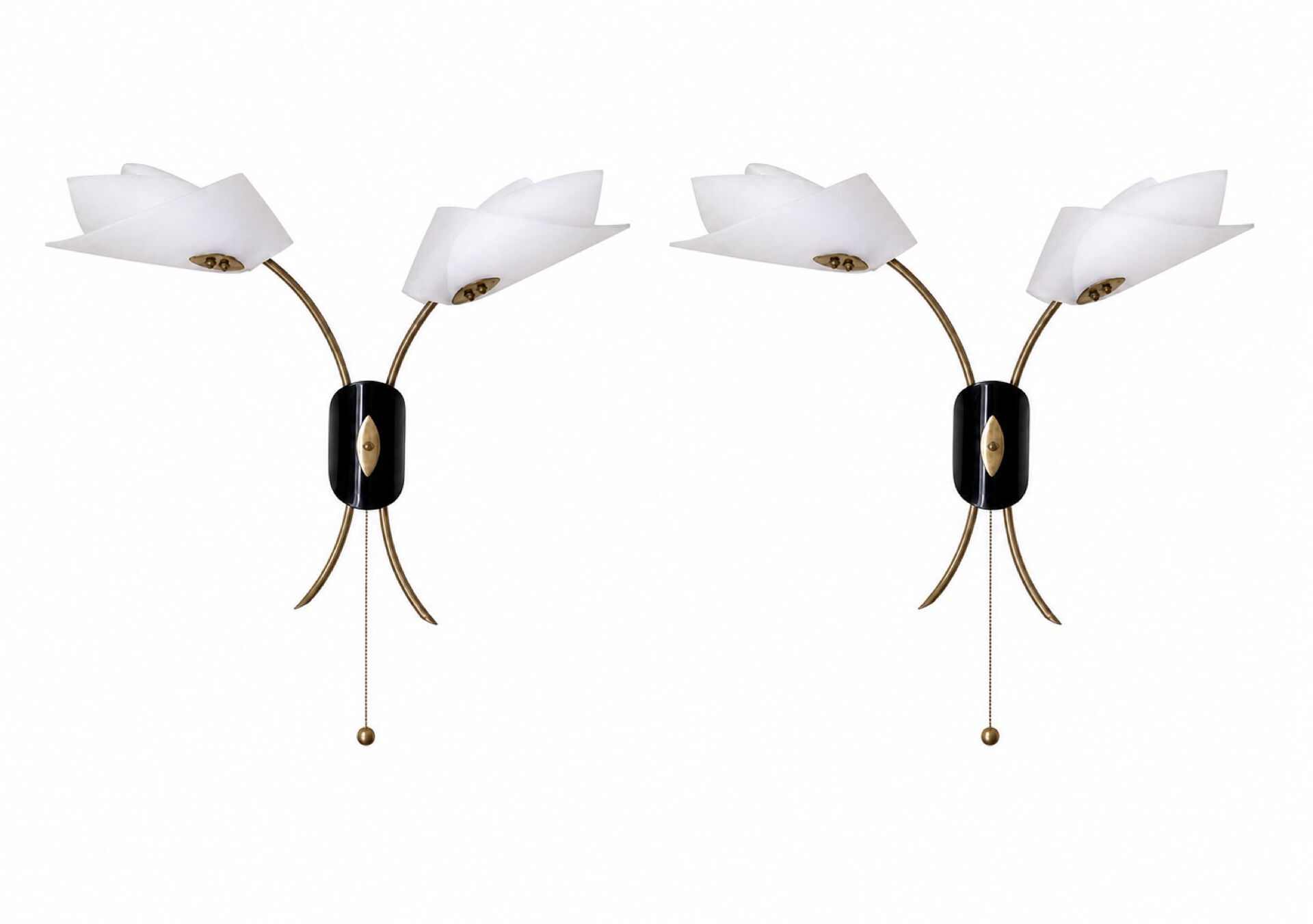 Mid-century pair of wall lights with 2 bulbs — opaline, brass & black lacquer