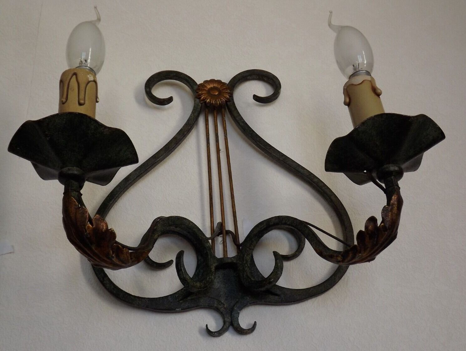 Pair of old antique French double lyre shape green wrought iron wall sconces
