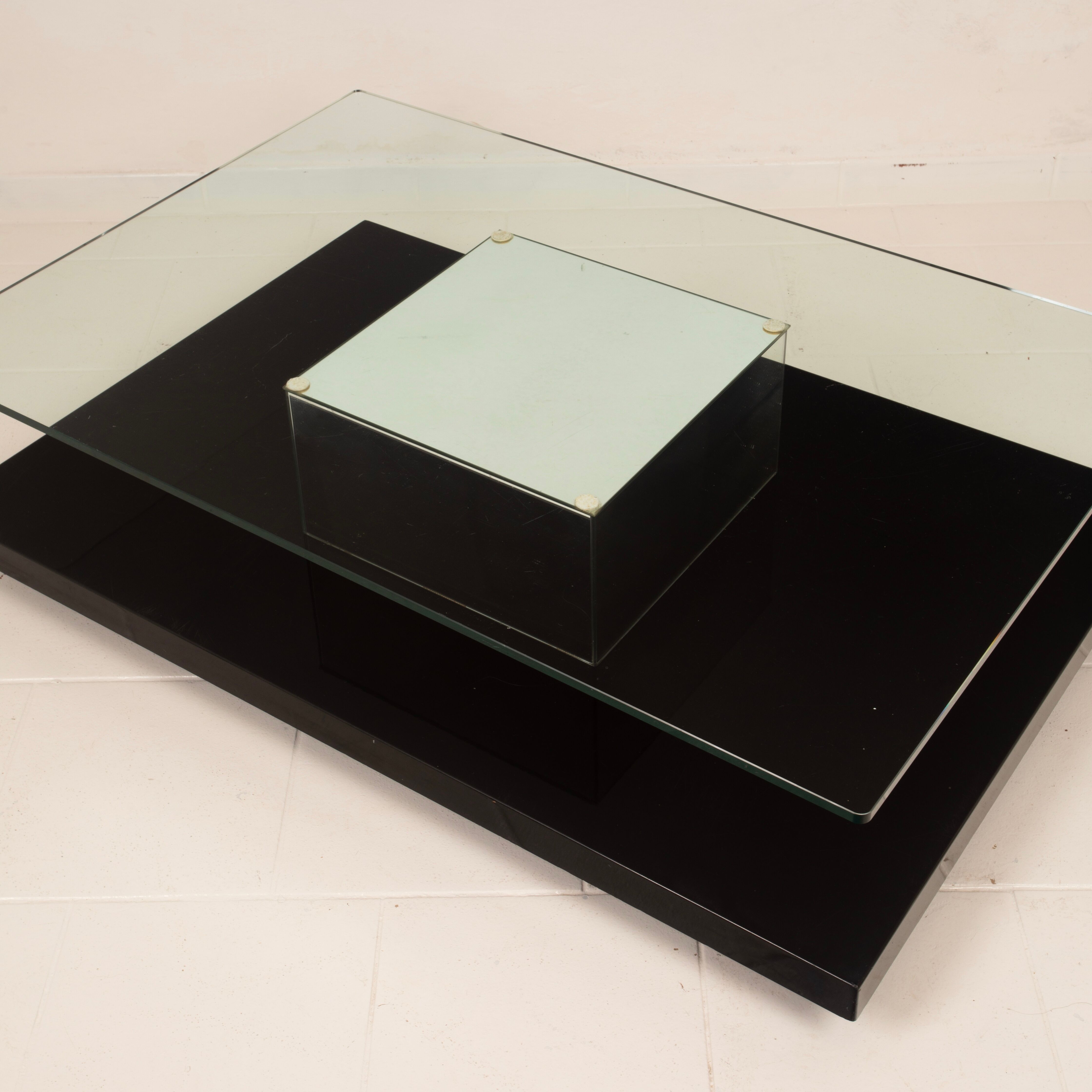 Cidue Mid Century Italian Black Lacquer, Mirror and Glass Coffee Table 1970