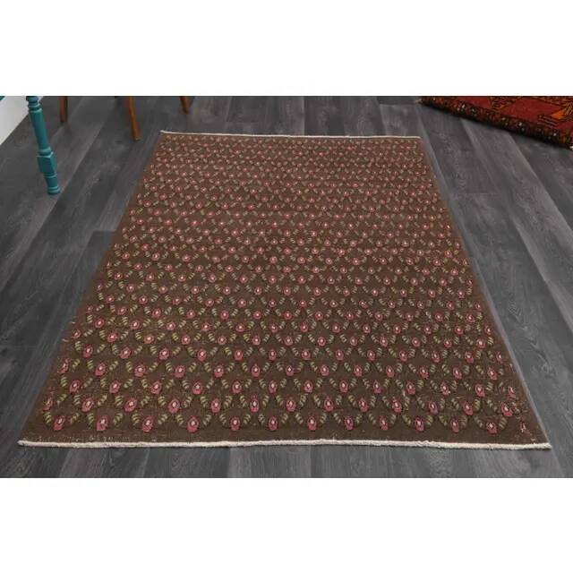 1970s Vintage Turkish Hand-Knotted Wool Cotton Brown Rug 130x194