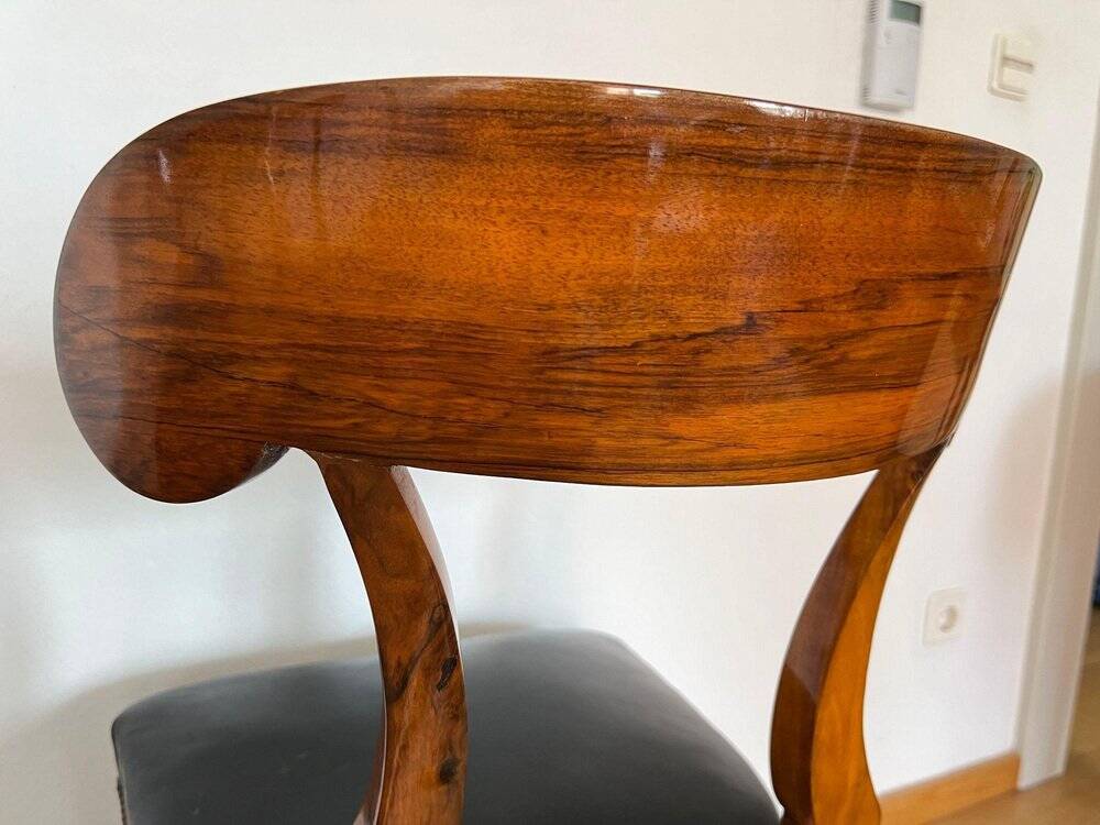 Biedermeier Shovel Chair in Walnut Veneer & Black Leather, Austria, 1820s