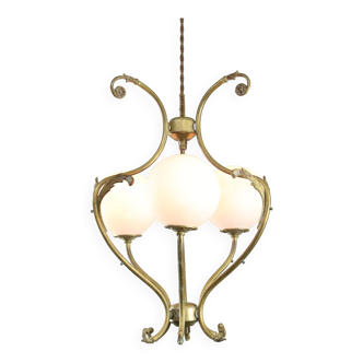 Lustre Antique en Laiton et Opaline, Italie