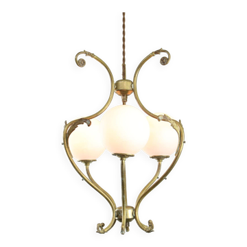 Lustre Antique en Laiton et Opaline, Italie