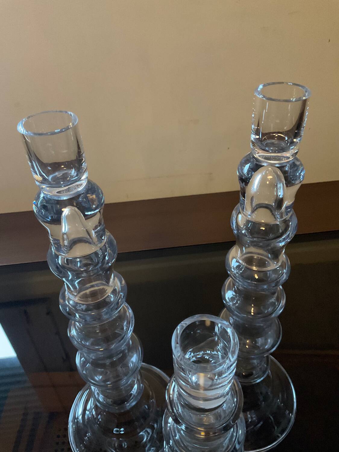 Trio of designer blown glass candle holders