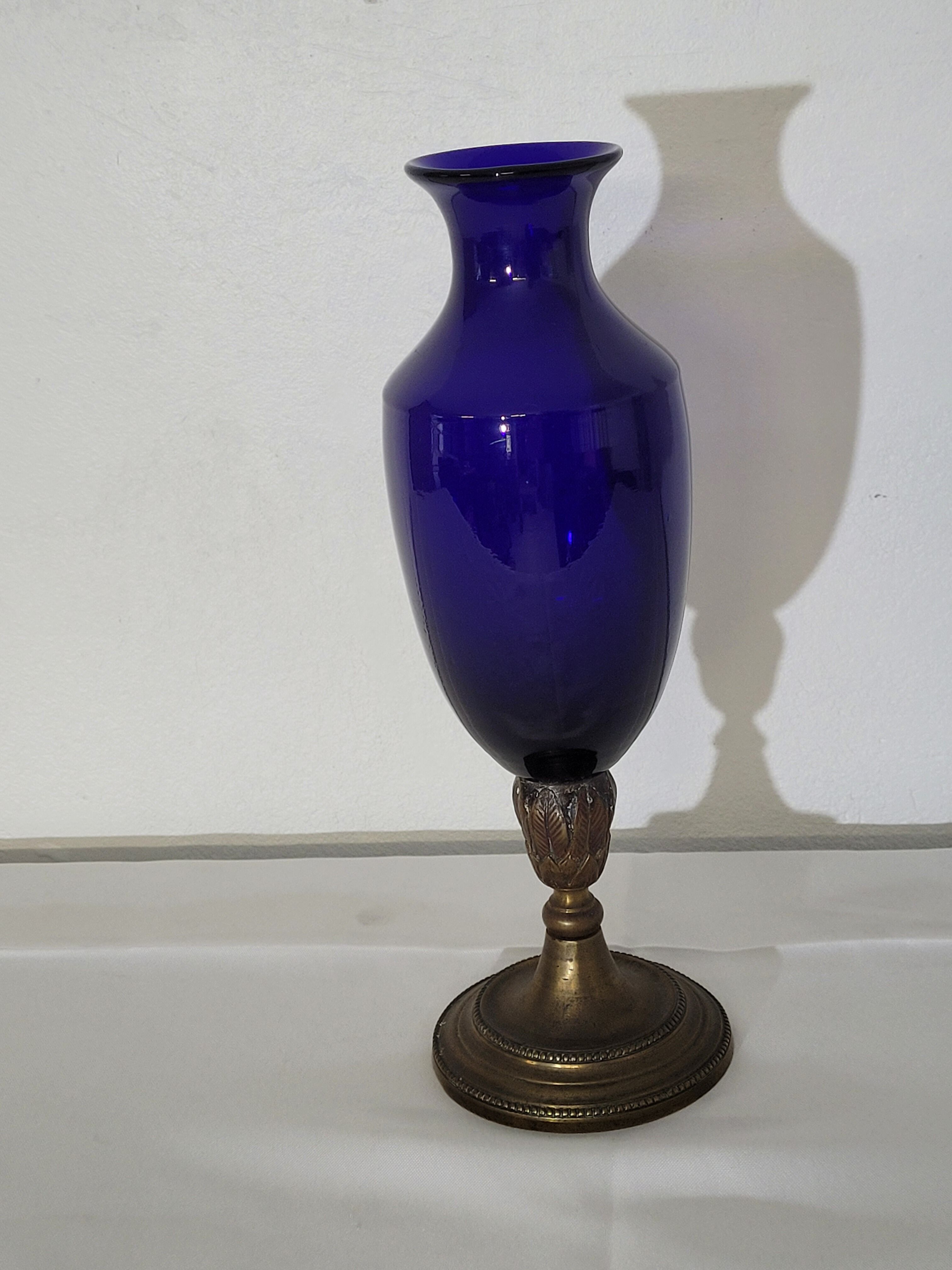 Blue vase, brass base early 20th century