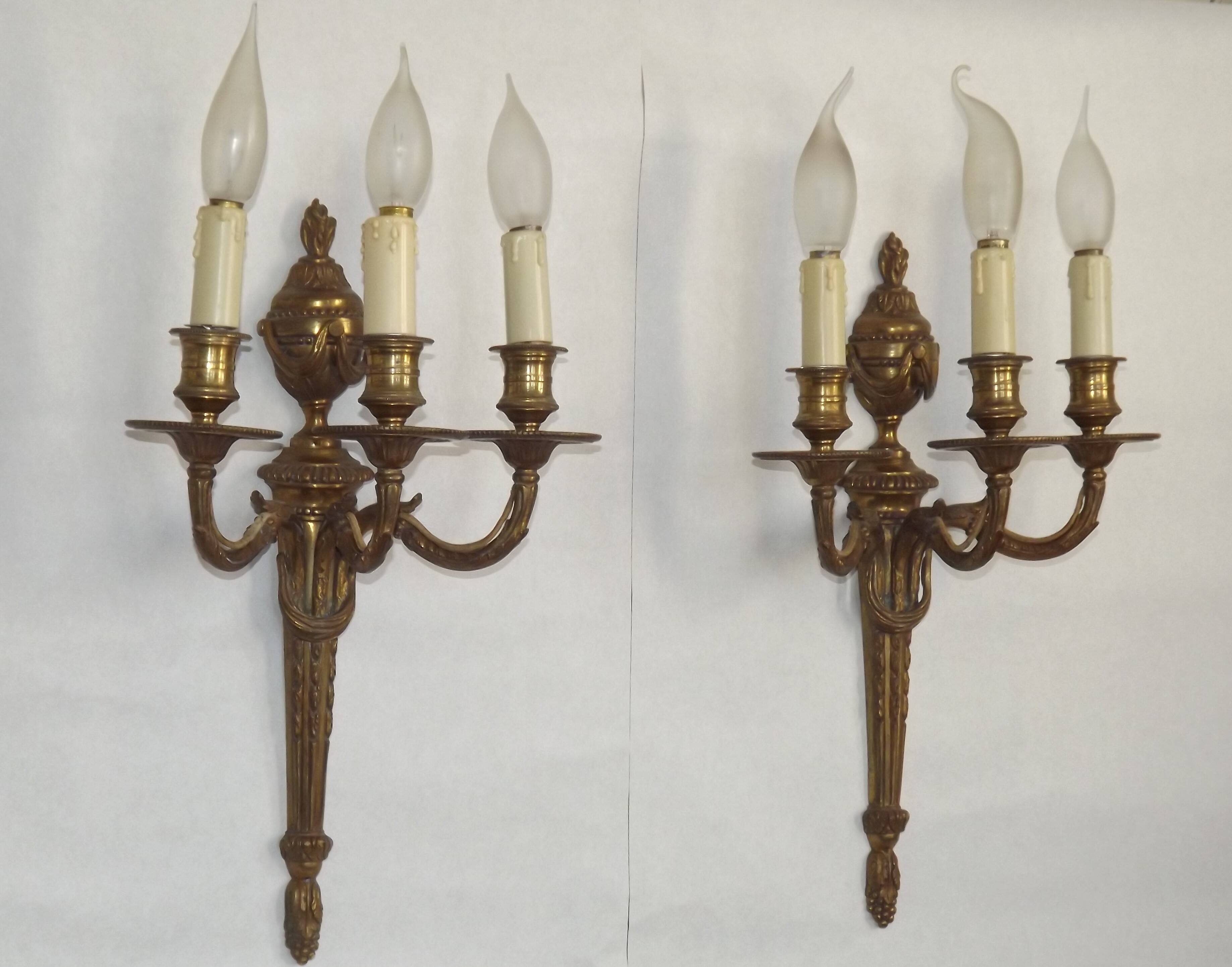 Magnificent Pair French Antique Bronze Triple Wall Lights Urn & Swag Detail