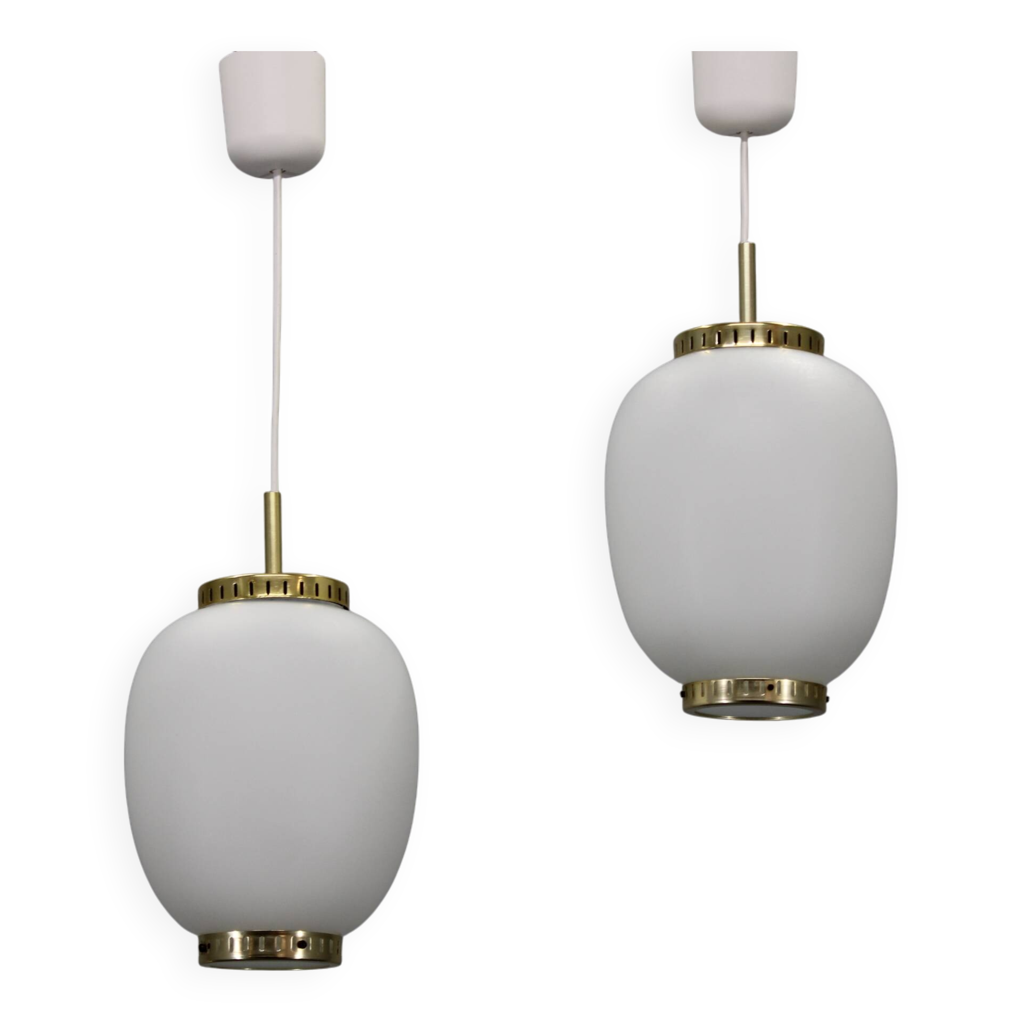 1970s Bent Karlby Pair of China Pendants of Opaline Glass and Brass by Lyfa