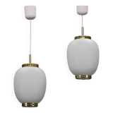 1970s Bent Karlby Pair of China Pendants of Opaline Glass and Brass by Lyfa