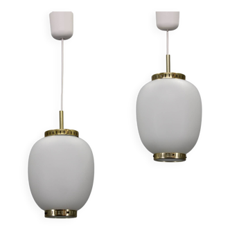 1970s Bent Karlby Pair of China Pendants of Opaline Glass and Brass by Lyfa
