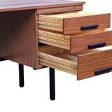 Modernist desk with double drawers in formica and metal, 1960.