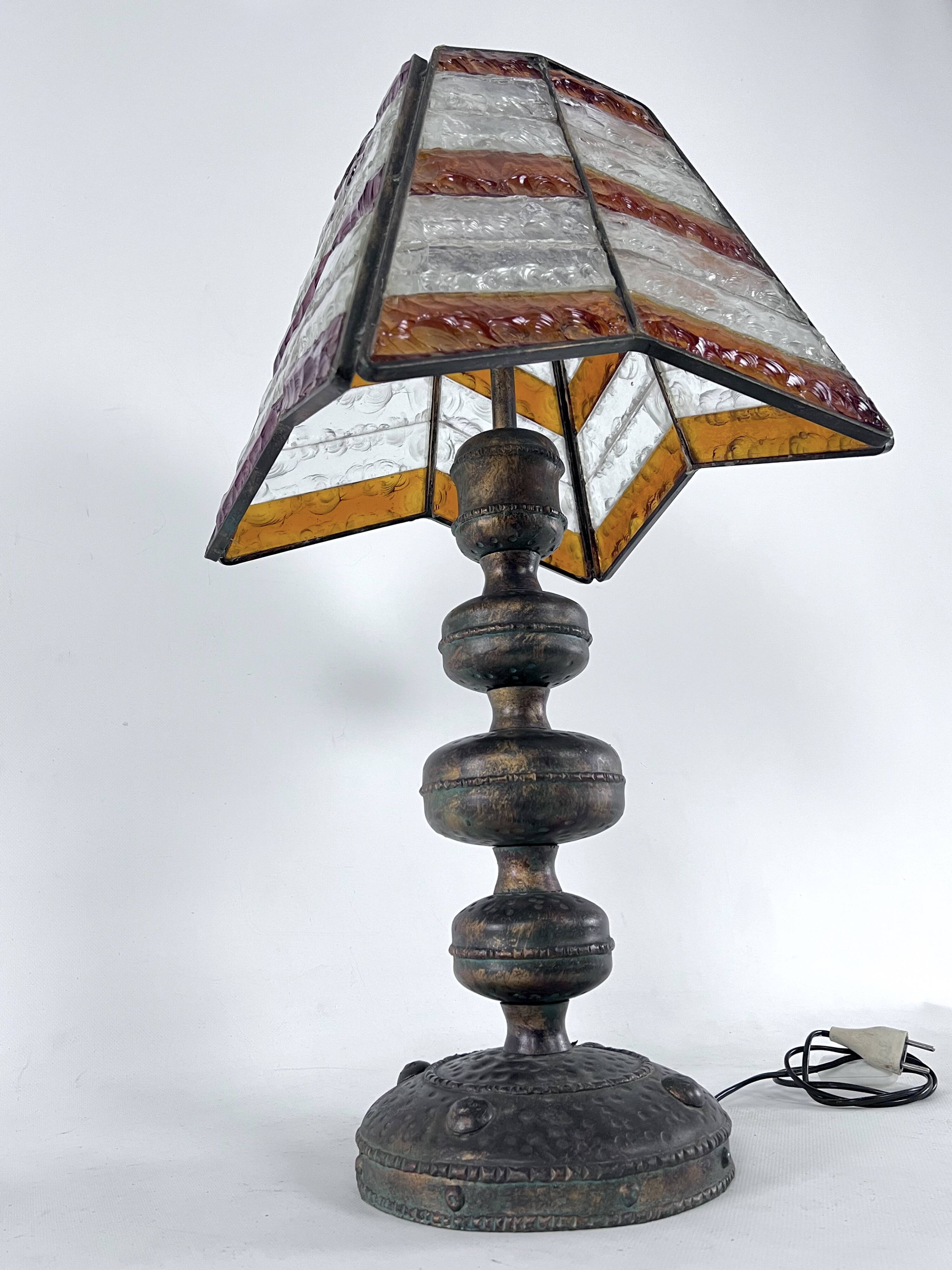 Monumental brutalist thick glass and metal table lamp by Longobard. Italy 1