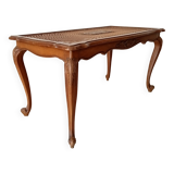 Table basse chippendale vintage en hêtre et rotin style Louis XV