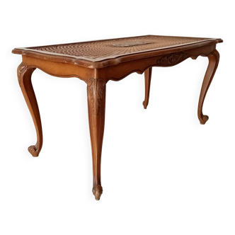 Table basse chippendale vintage en hêtre et rotin style Louis XV